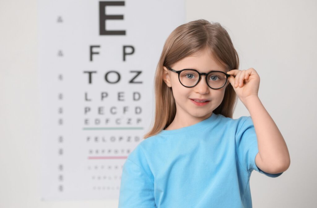 Young girl in light blue shirt wearing and holding up her glasses while she stands in front of a visual acuity test chart of letters in varying sizes.