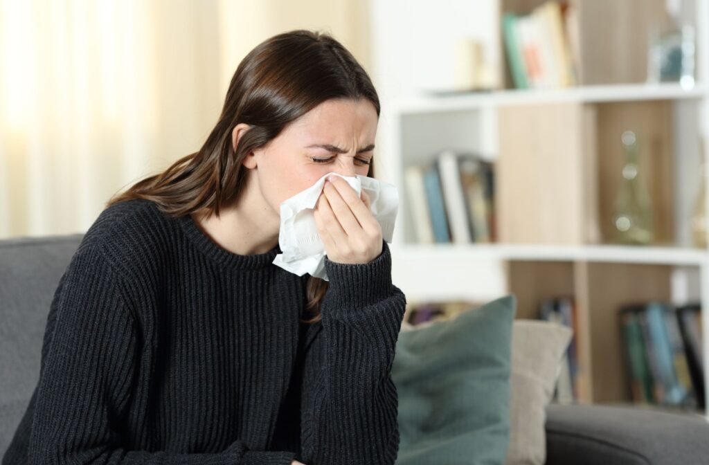 A person blowing their nose into a tissue to relieve their symptoms of seasonal allergies