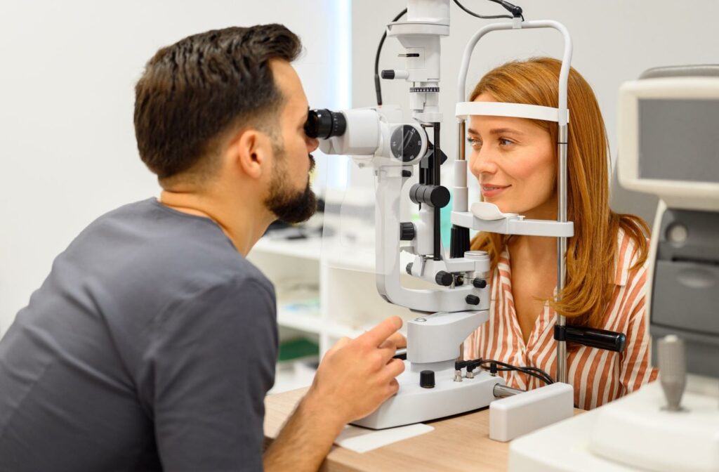A person getting their eyes checked during a routine eye exam