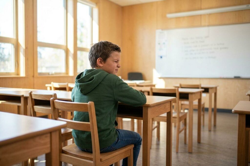 Child in a green hoodie sits alone at a wooden desk in an empty classroom, squinting toward the window.