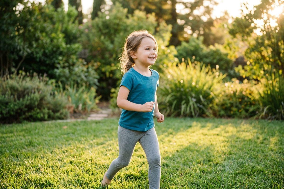 Smiling child in a teal shirt runs across a grassy garden at sunset, surrounded by green plants and trees.