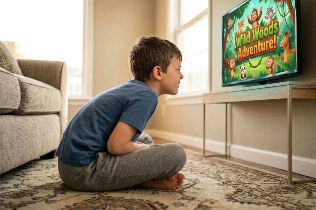 Child sitting cross-legged on a rug, leaning forward and squinting at a TV showing a cartoon titled "Wild Woods Adventure!