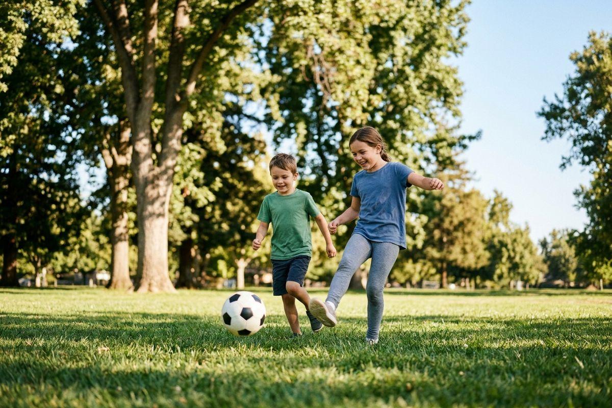 Two smiling children run after a soccer ball on grass in a park with large leafy trees.