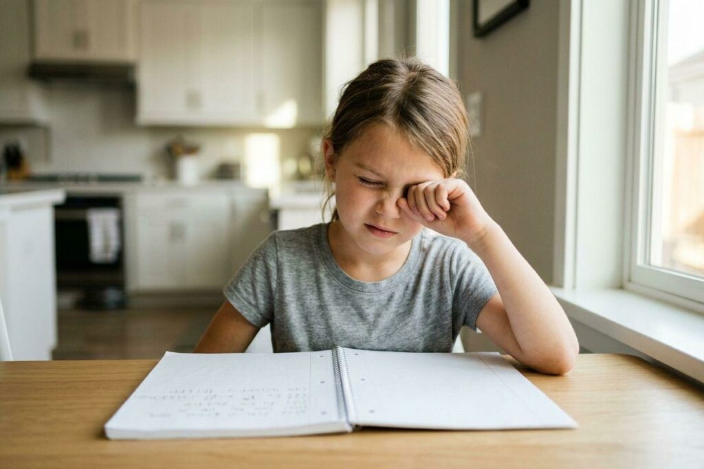 Child rubbing one eye while sitting at a kitchen table with an open spiral notebook of handwriting.