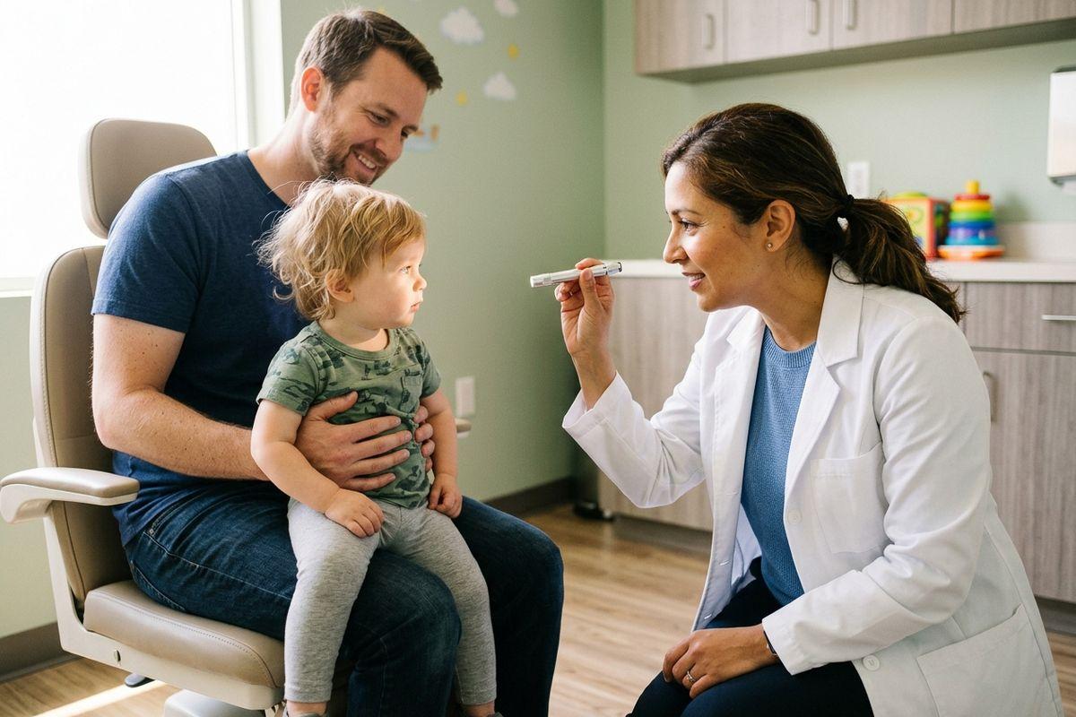 Doctor holds a penlight to test a toddler's eye tracking while the child sits on an adult's lap in an exam room.
