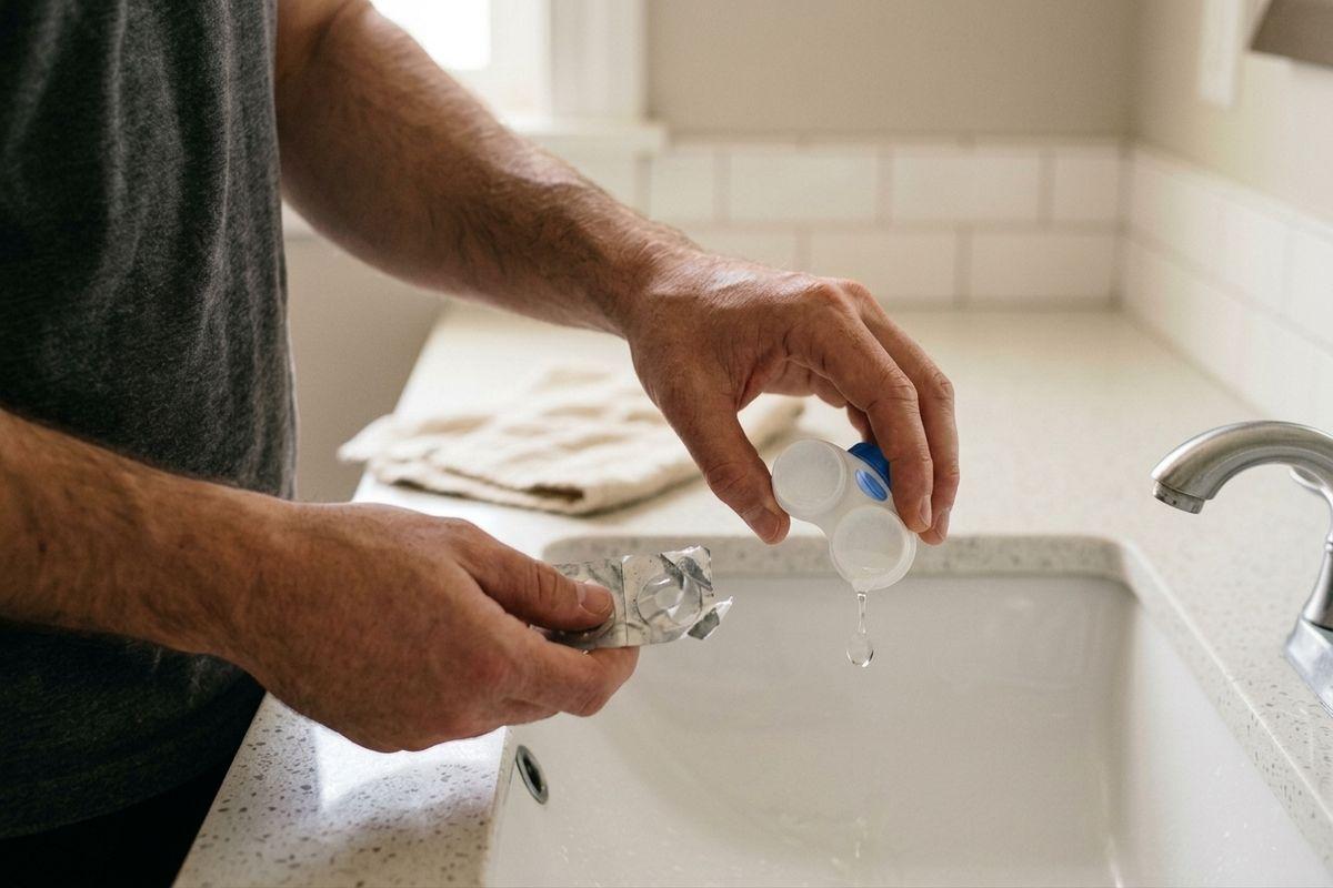 Person emptying a contact lens case over a bathroom sink while holding an opened lens blister pack in the other hand.